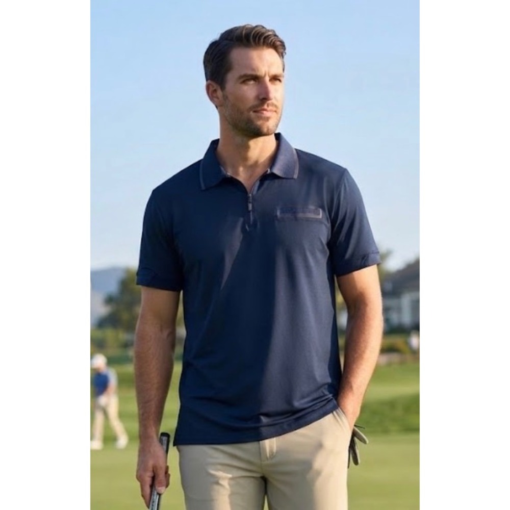 Stone Falcon Mens XL Navy Blue Quarter Zip Performance Polo Shirt Short Sleeve